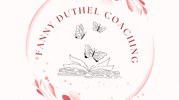 Logo de la société Fanny DUTHEL Coaching - Des papillons sortent d'un livre ouvert en volant vers le haut - couleur dominante : rose